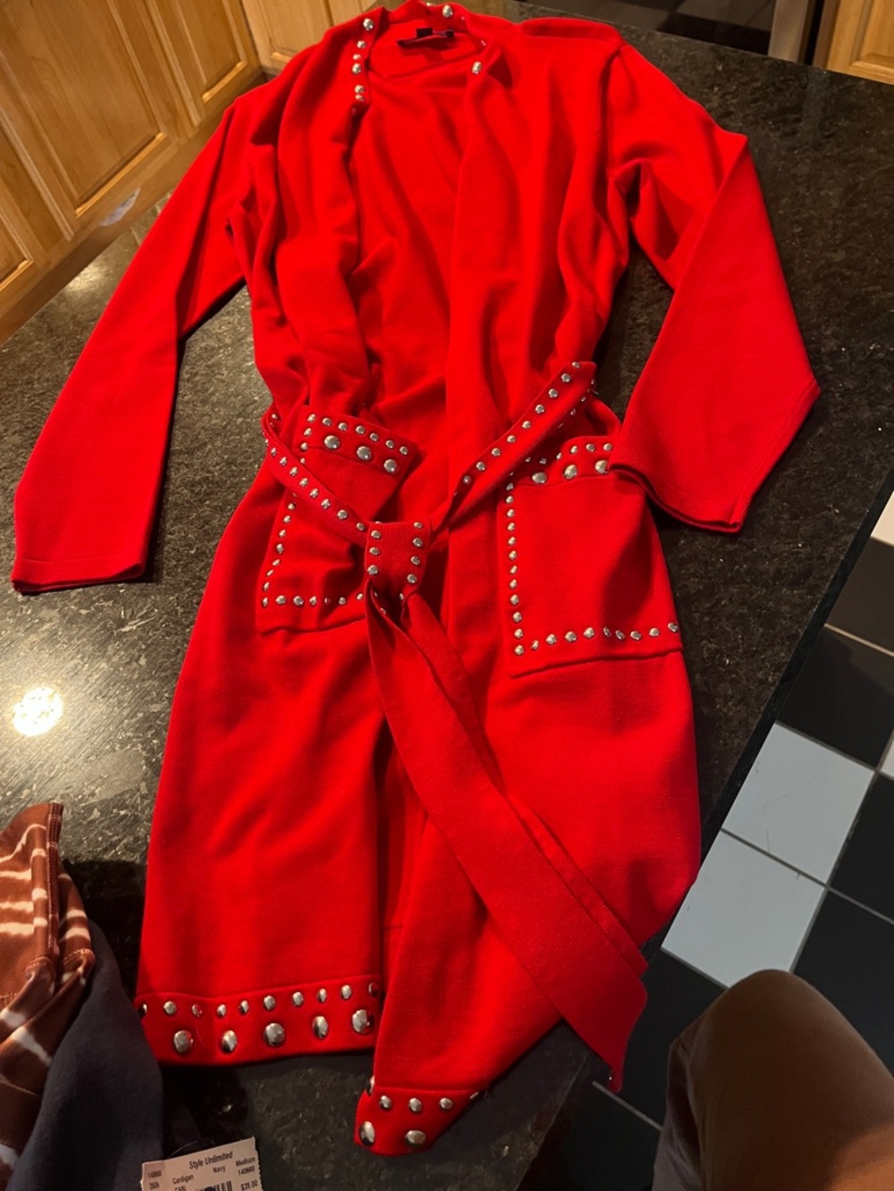 Red Stud-Trim Knit Belted Sweater Dress